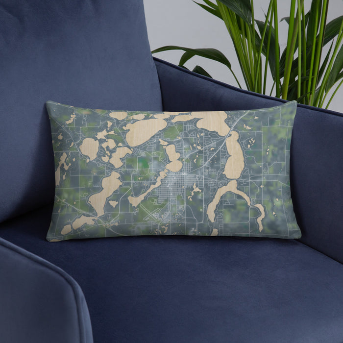 Custom Alexandria Minnesota Map Throw Pillow in Afternoon on Blue Colored Chair