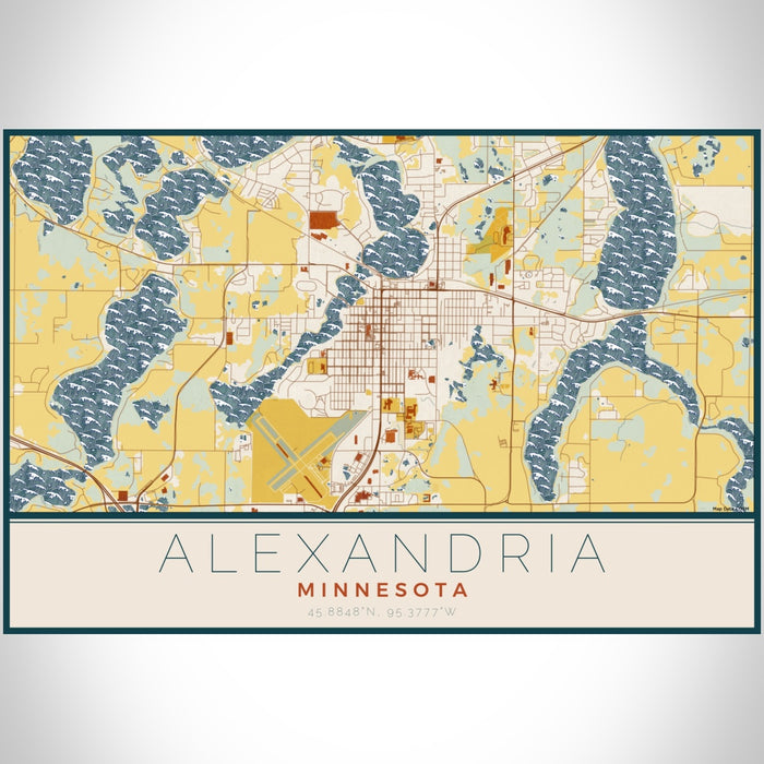 Alexandria Minnesota Map Print Landscape Orientation in Woodblock Style With Shaded Background