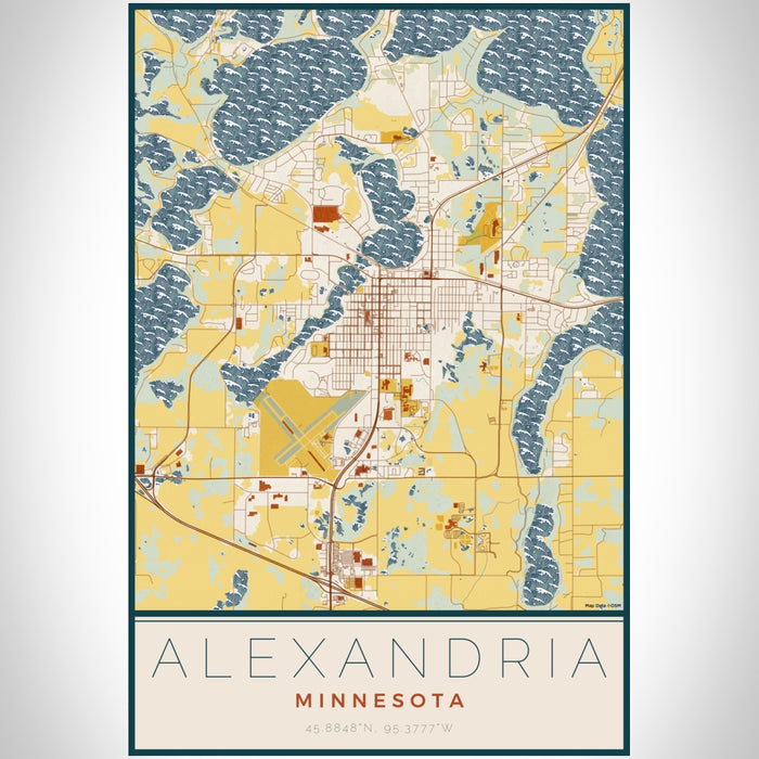 Alexandria Minnesota Map Print Portrait Orientation in Woodblock Style With Shaded Background