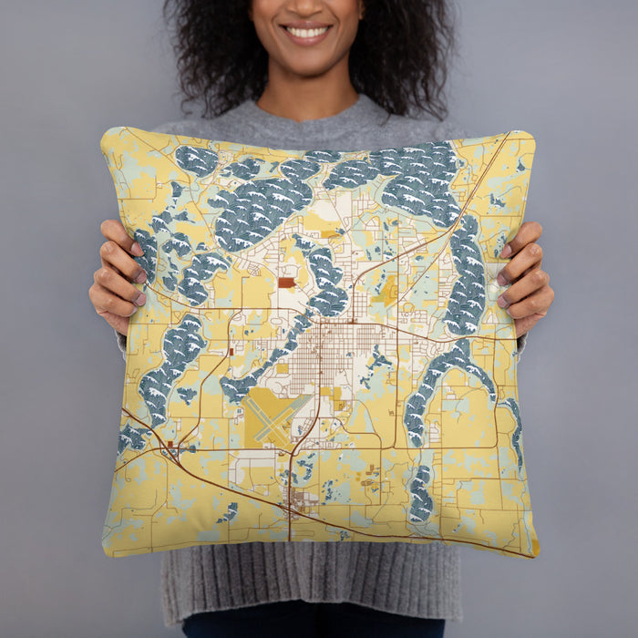 Person holding 18x18 Custom Alexandria Minnesota Map Throw Pillow in Woodblock