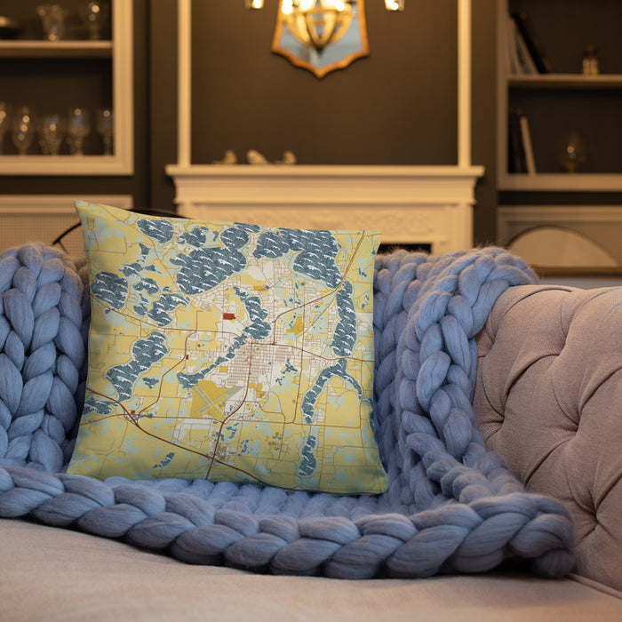 Custom Alexandria Minnesota Map Throw Pillow in Woodblock on Cream Colored Couch