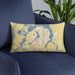 Custom Alexandria Minnesota Map Throw Pillow in Woodblock on Blue Colored Chair