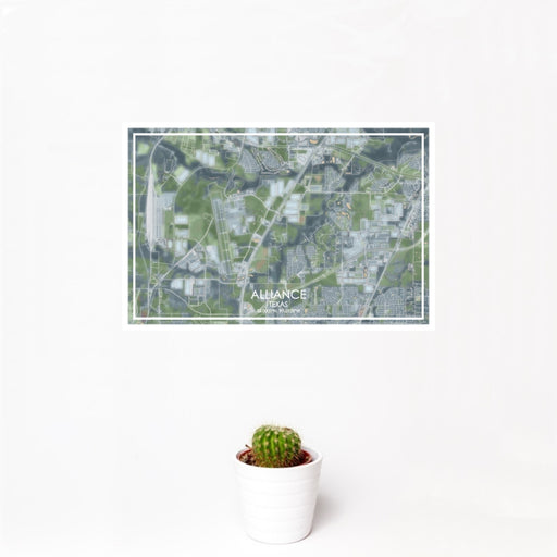 12x18 Alliance Texas Map Print Landscape Orientation in Afternoon Style With Small Cactus Plant in White Planter