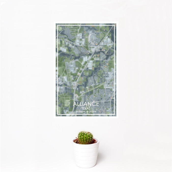 12x18 Alliance Texas Map Print Portrait Orientation in Afternoon Style With Small Cactus Plant in White Planter