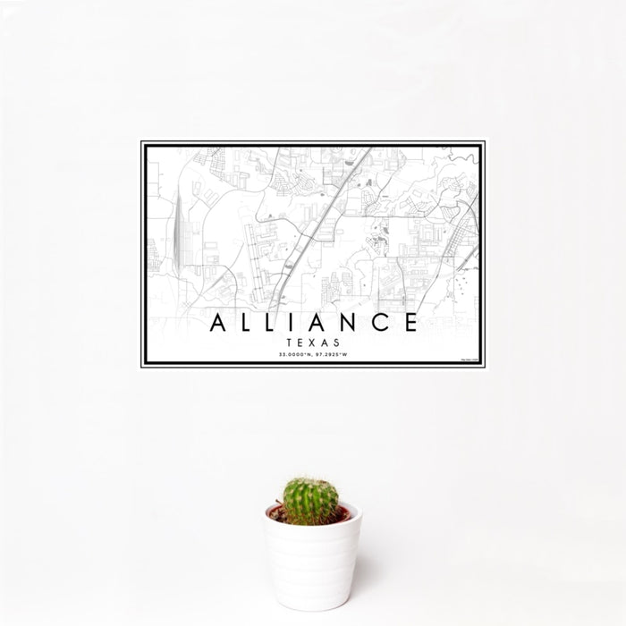 12x18 Alliance Texas Map Print Landscape Orientation in Classic Style With Small Cactus Plant in White Planter