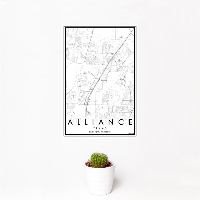 12x18 Alliance Texas Map Print Portrait Orientation in Classic Style With Small Cactus Plant in White Planter
