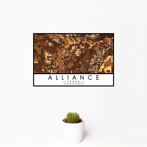 12x18 Alliance Texas Map Print Landscape Orientation in Ember Style With Small Cactus Plant in White Planter