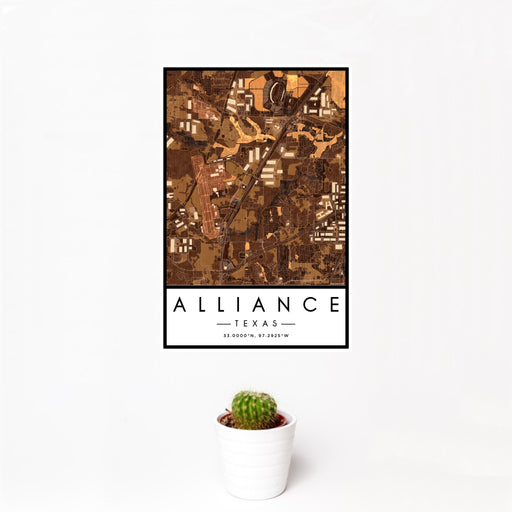12x18 Alliance Texas Map Print Portrait Orientation in Ember Style With Small Cactus Plant in White Planter