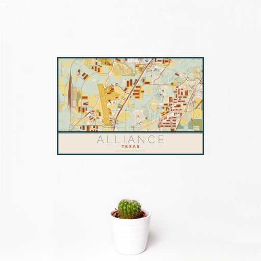 12x18 Alliance Texas Map Print Landscape Orientation in Woodblock Style With Small Cactus Plant in White Planter