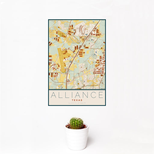 12x18 Alliance Texas Map Print Portrait Orientation in Woodblock Style With Small Cactus Plant in White Planter