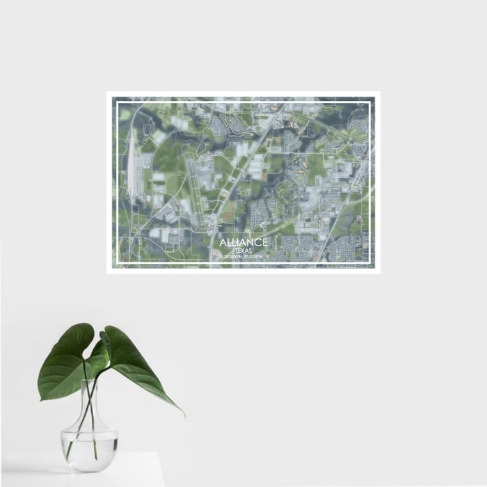 16x24 Alliance Texas Map Print Landscape Orientation in Afternoon Style With Tropical Plant Leaves in Water