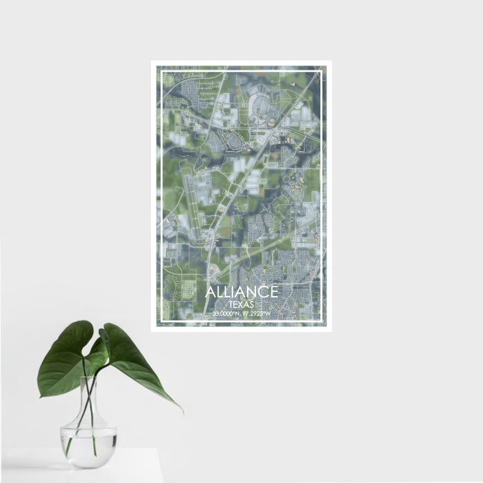 16x24 Alliance Texas Map Print Portrait Orientation in Afternoon Style With Tropical Plant Leaves in Water