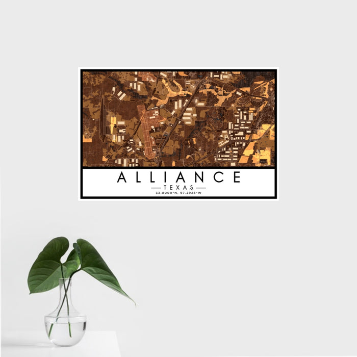 16x24 Alliance Texas Map Print Landscape Orientation in Ember Style With Tropical Plant Leaves in Water
