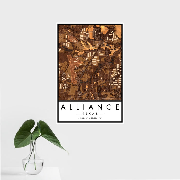16x24 Alliance Texas Map Print Portrait Orientation in Ember Style With Tropical Plant Leaves in Water