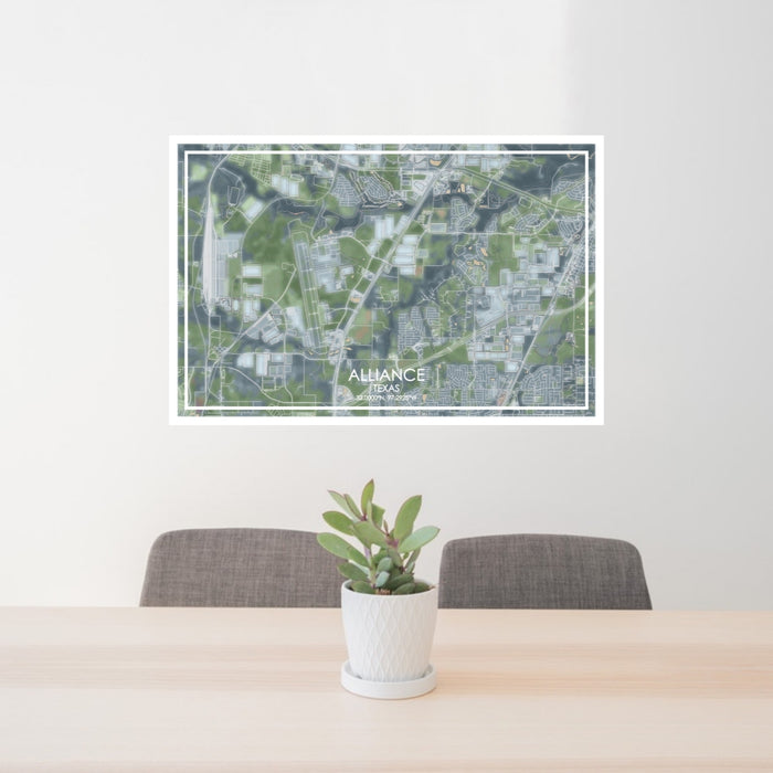 24x36 Alliance Texas Map Print Lanscape Orientation in Afternoon Style Behind 2 Chairs Table and Potted Plant