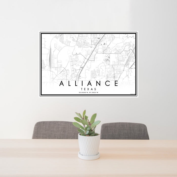24x36 Alliance Texas Map Print Lanscape Orientation in Classic Style Behind 2 Chairs Table and Potted Plant