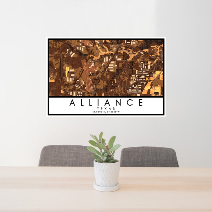 24x36 Alliance Texas Map Print Lanscape Orientation in Ember Style Behind 2 Chairs Table and Potted Plant