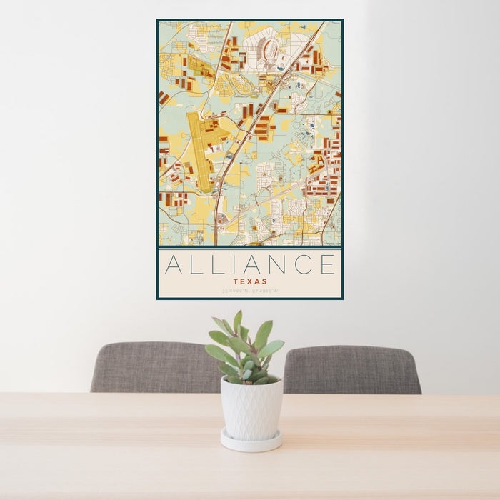 24x36 Alliance Texas Map Print Portrait Orientation in Woodblock Style Behind 2 Chairs Table and Potted Plant