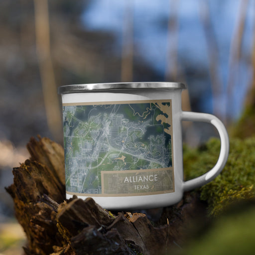 Right View Custom Alliance Texas Map Enamel Mug in Afternoon on Grass With Trees in Background