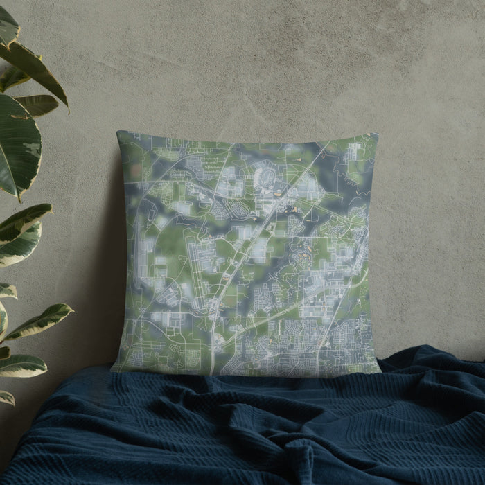 Custom Alliance Texas Map Throw Pillow in Afternoon on Bedding Against Wall