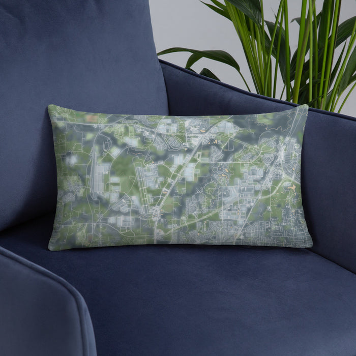 Custom Alliance Texas Map Throw Pillow in Afternoon on Blue Colored Chair