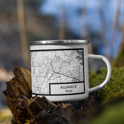 Right View Custom Alliance Texas Map Enamel Mug in Classic on Grass With Trees in Background