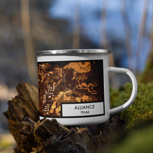 Right View Custom Alliance Texas Map Enamel Mug in Ember on Grass With Trees in Background