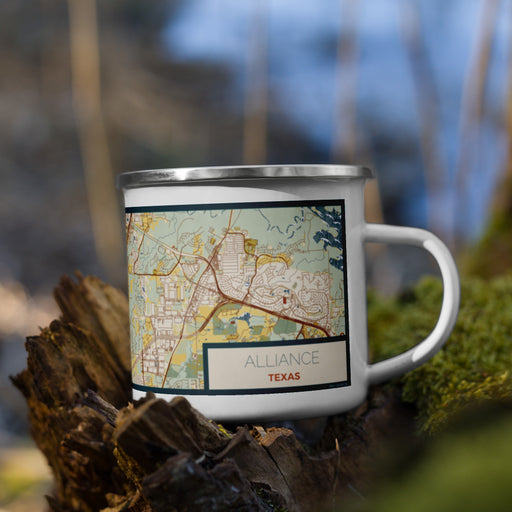 Right View Custom Alliance Texas Map Enamel Mug in Woodblock on Grass With Trees in Background