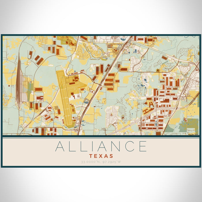 Alliance Texas Map Print Landscape Orientation in Woodblock Style With Shaded Background