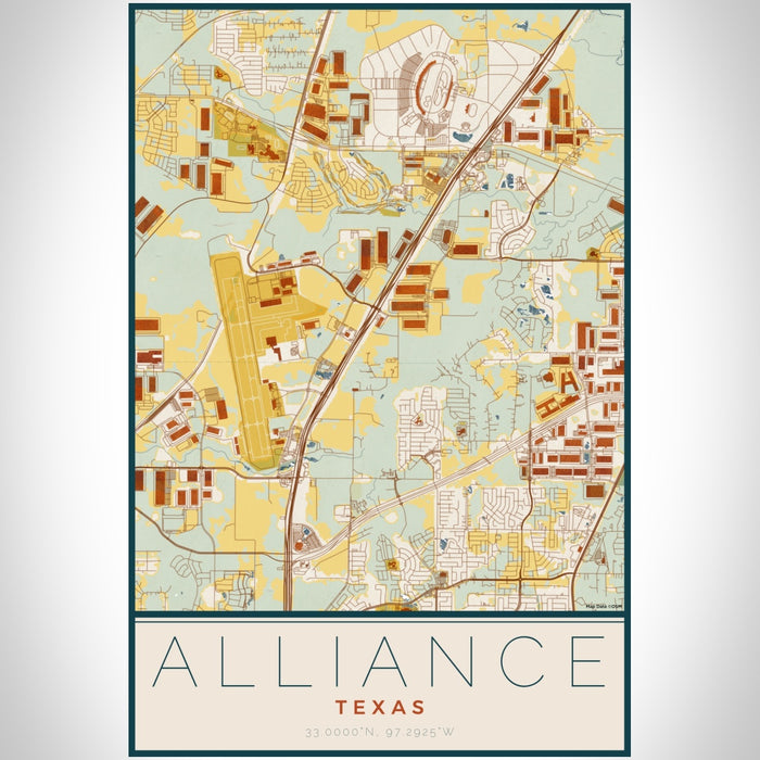 Alliance Texas Map Print Portrait Orientation in Woodblock Style With Shaded Background
