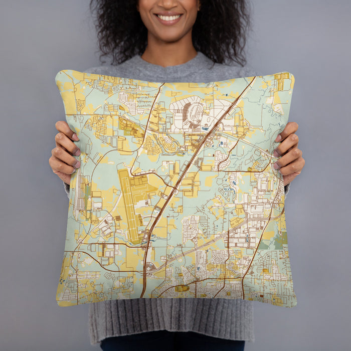 Person holding 18x18 Custom Alliance Texas Map Throw Pillow in Woodblock