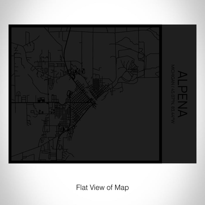 Rendered View of Alpena Michigan Map on 20oz Stainless Steel Insulated Bottle with Bamboo Top in Matte Black with printed Tactile Lines Map in Black