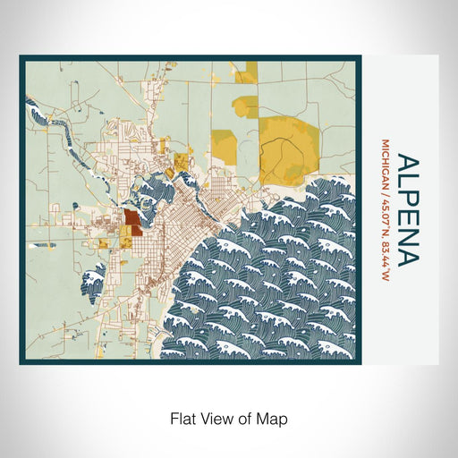 Rendered View of Alpena Michigan Map on 20oz Stainless Steel Insulated Bottle with Bamboo Top with printed woodblock style map