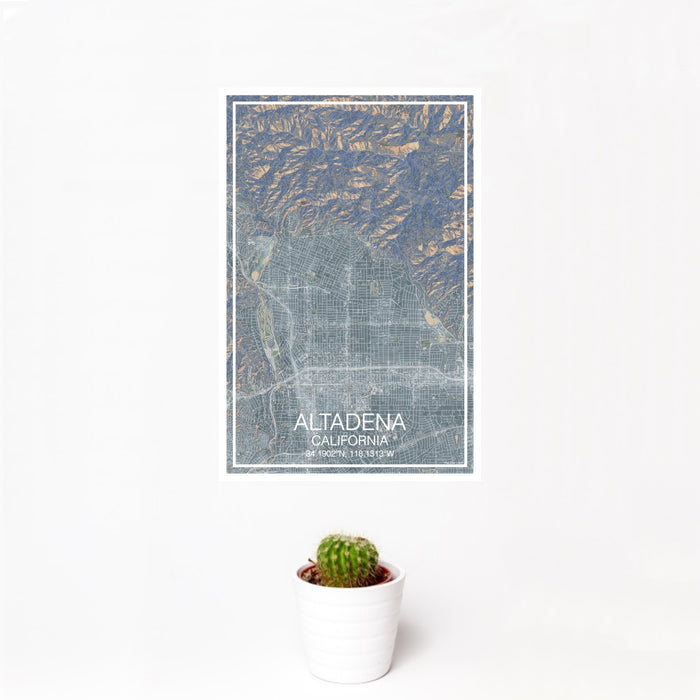 12x18 Altadena California Map Print Portrait Orientation in Afternoon Style With Small Cactus Plant in White Planter