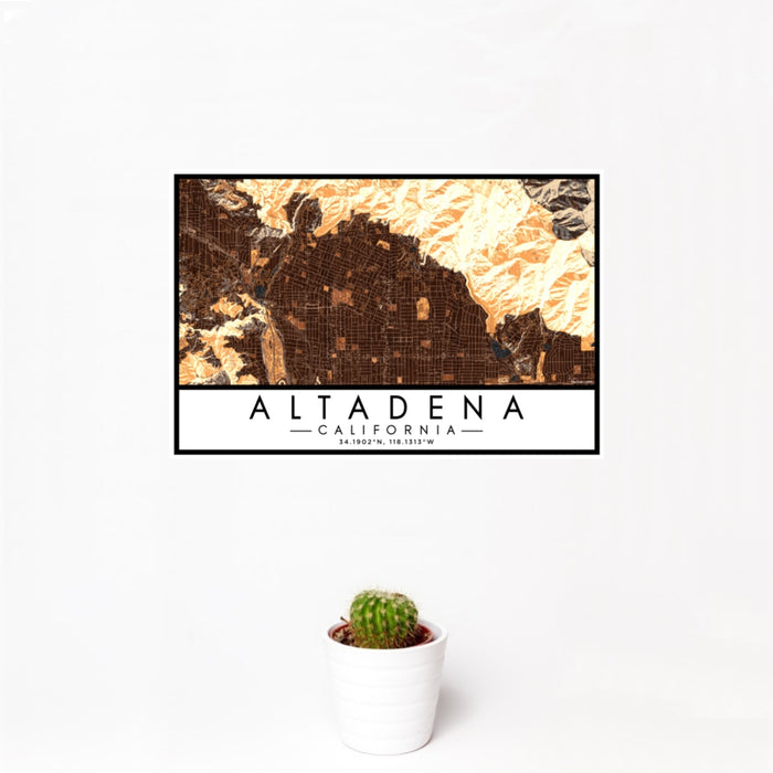 12x18 Altadena California Map Print Landscape Orientation in Ember Style With Small Cactus Plant in White Planter