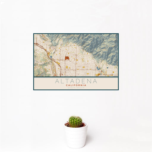 12x18 Altadena California Map Print Landscape Orientation in Woodblock Style With Small Cactus Plant in White Planter