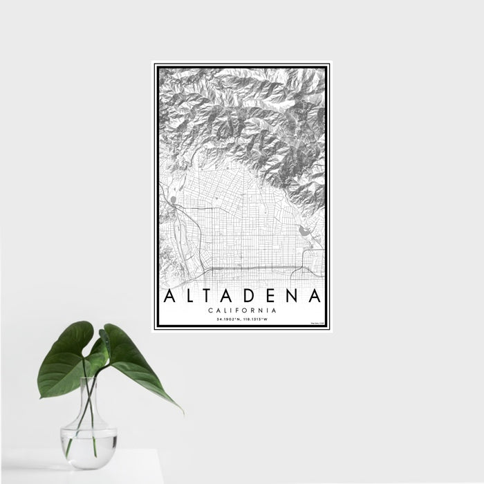16x24 Altadena California Map Print Portrait Orientation in Classic Style With Tropical Plant Leaves in Water