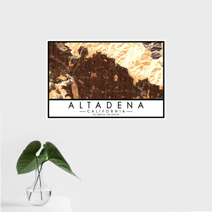 16x24 Altadena California Map Print Landscape Orientation in Ember Style With Tropical Plant Leaves in Water