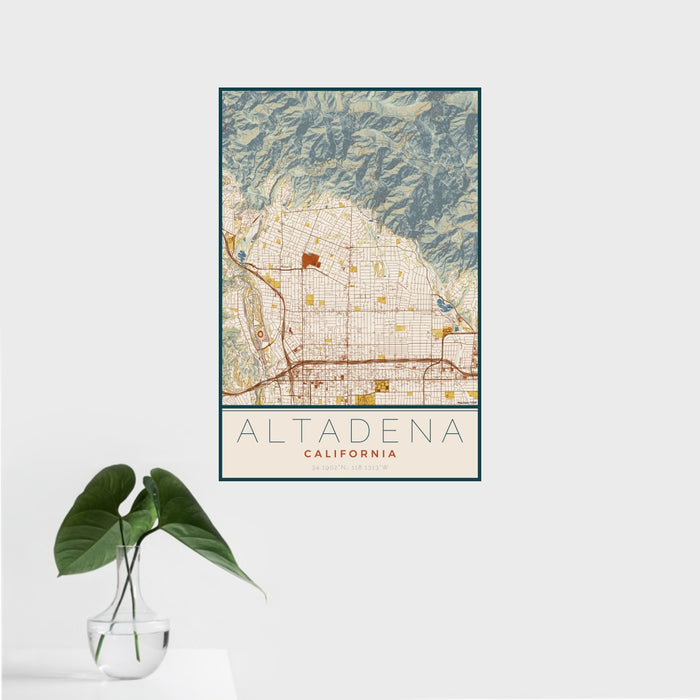 16x24 Altadena California Map Print Portrait Orientation in Woodblock Style With Tropical Plant Leaves in Water