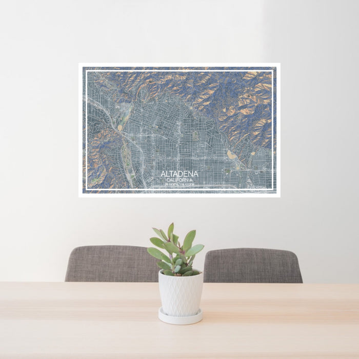 24x36 Altadena California Map Print Lanscape Orientation in Afternoon Style Behind 2 Chairs Table and Potted Plant