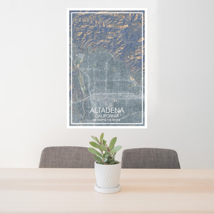 24x36 Altadena California Map Print Portrait Orientation in Afternoon Style Behind 2 Chairs Table and Potted Plant
