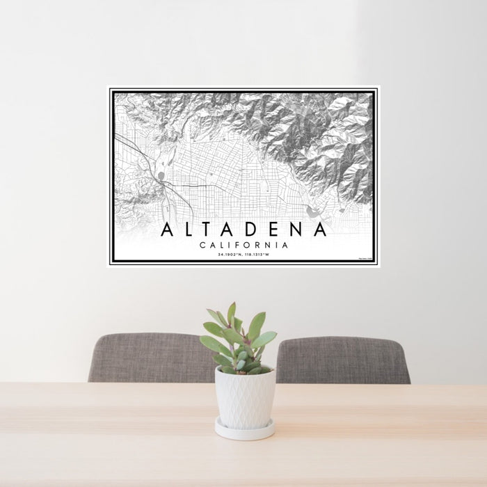 24x36 Altadena California Map Print Lanscape Orientation in Classic Style Behind 2 Chairs Table and Potted Plant