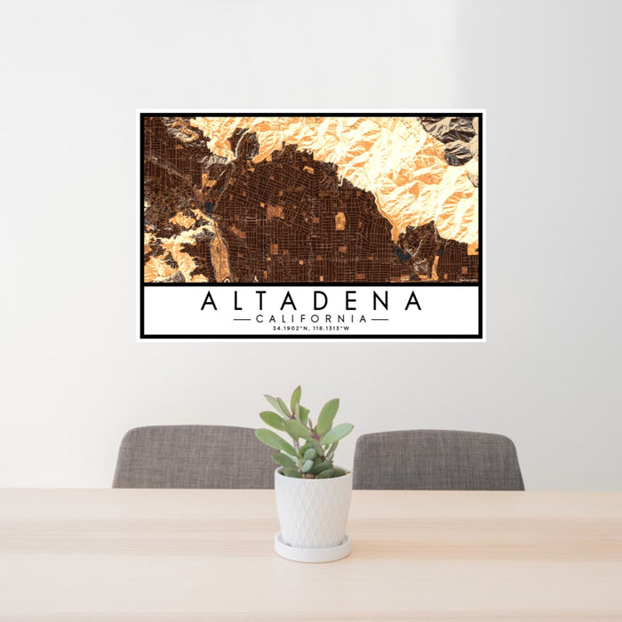 24x36 Altadena California Map Print Lanscape Orientation in Ember Style Behind 2 Chairs Table and Potted Plant