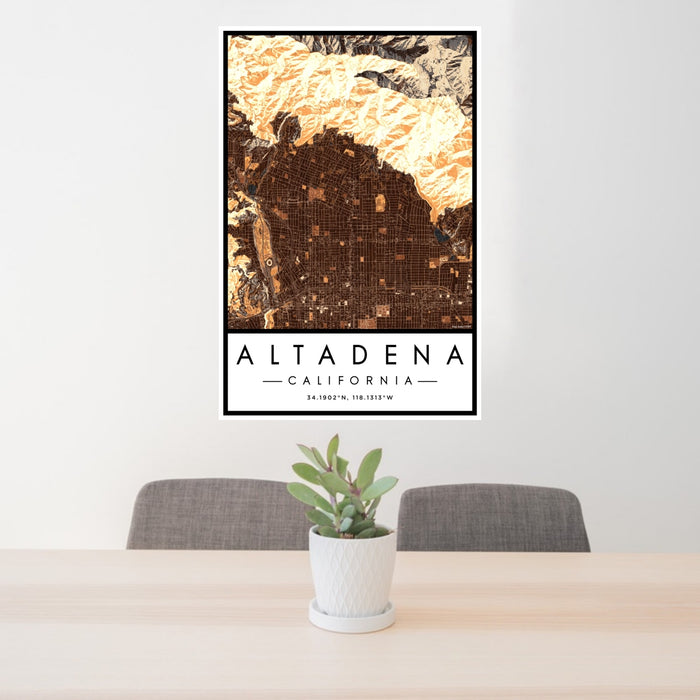 24x36 Altadena California Map Print Portrait Orientation in Ember Style Behind 2 Chairs Table and Potted Plant