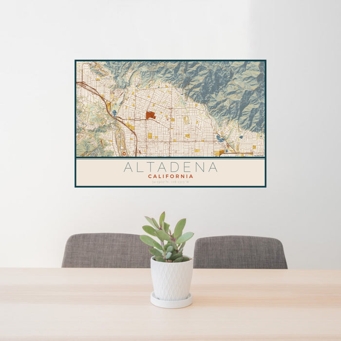 24x36 Altadena California Map Print Lanscape Orientation in Woodblock Style Behind 2 Chairs Table and Potted Plant