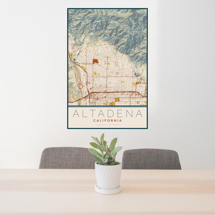 24x36 Altadena California Map Print Portrait Orientation in Woodblock Style Behind 2 Chairs Table and Potted Plant