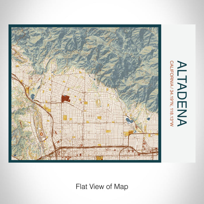 Rendered View of Altadena California Map on 20oz Stainless Steel Insulated Bottle with Bamboo Top with printed woodblock style map