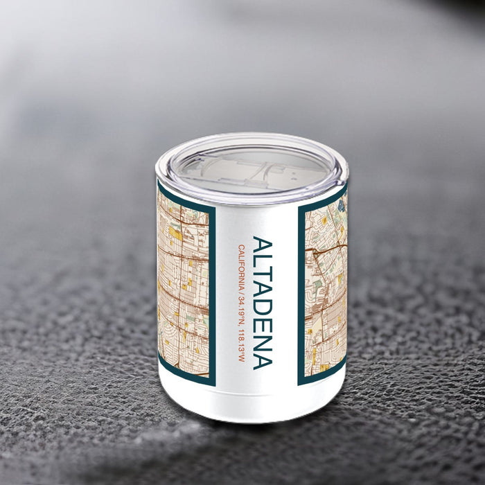 Altadena California Custom City Map Inscription Coordinates on 10oz Stainless Steel Insulated Cup in Woodblock with Sliding Lid