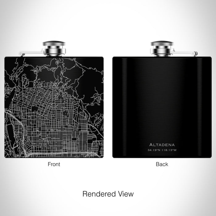 Rendered View of Altadena California Map on 6oz Stainless Steel Flask in Black