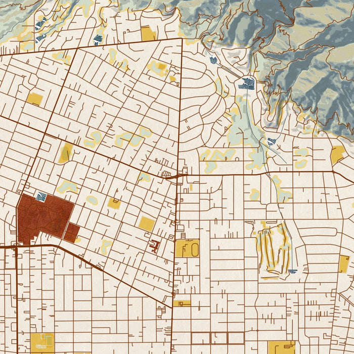 Altadena California Map Print in Woodblock Style Zoomed In Close Up Showing Details
